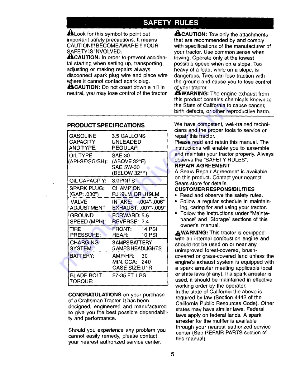 Craftsman EZ3 917.270923 Owner'S Manual Download Page 5