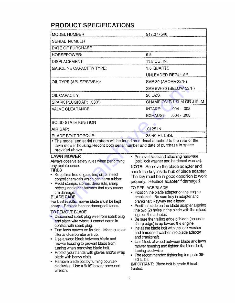 Craftsman EZ3 917.377540 Owner'S Manual Download Page 11