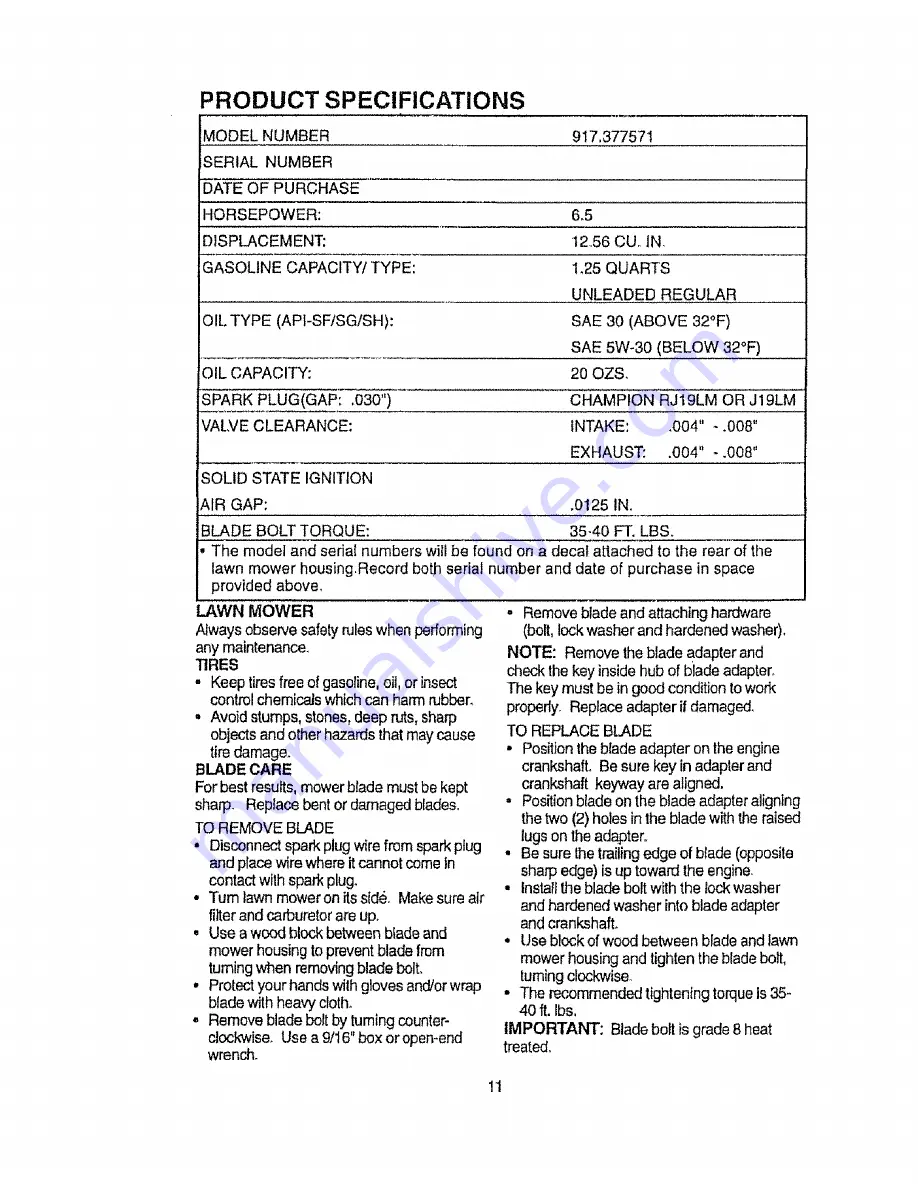 Craftsman EZ3 917.377571 Owner'S Manual Download Page 11