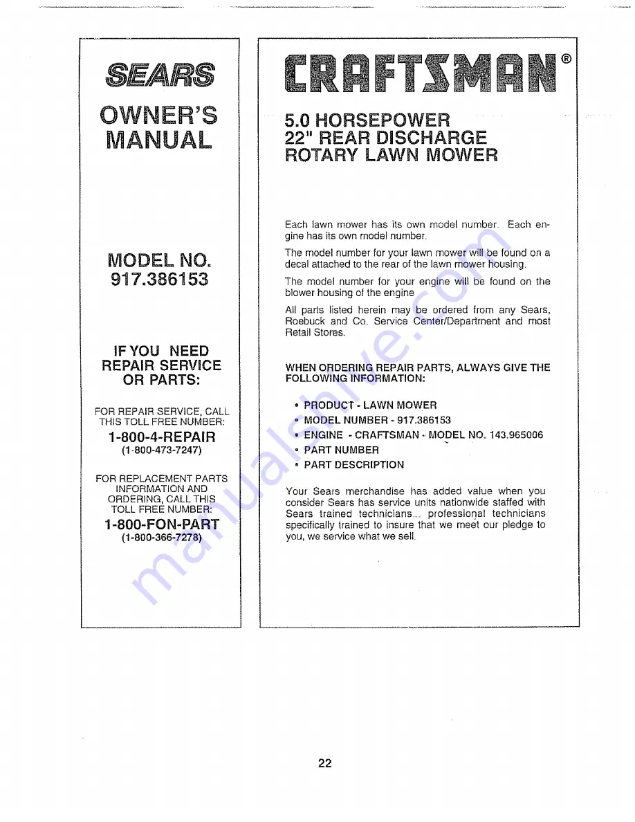 Craftsman EZ3 917.386153 Owner'S Manual Download Page 22