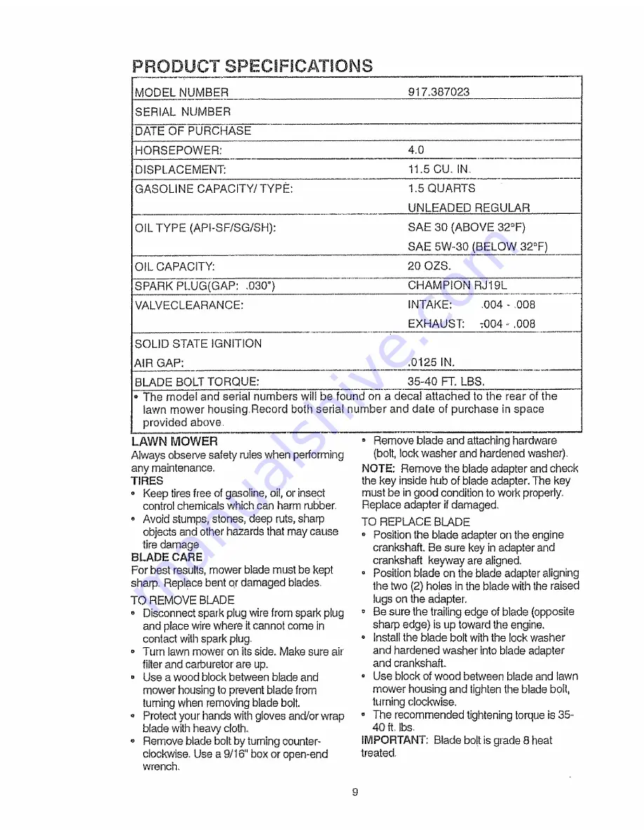 Craftsman EZ3 917.387023 Owner'S Manual Download Page 9