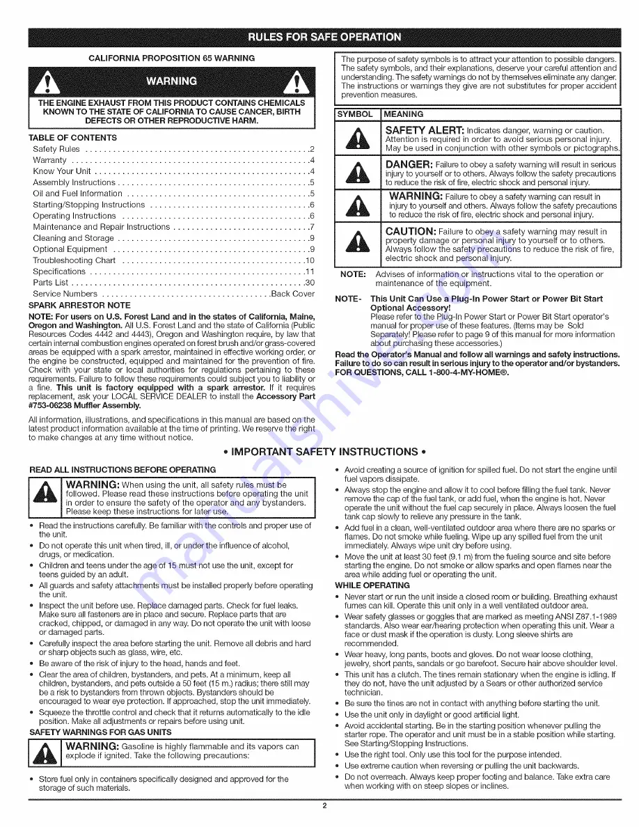 Craftsman INCREDI.PULL 316.299371 Operator'S Manual Download Page 2