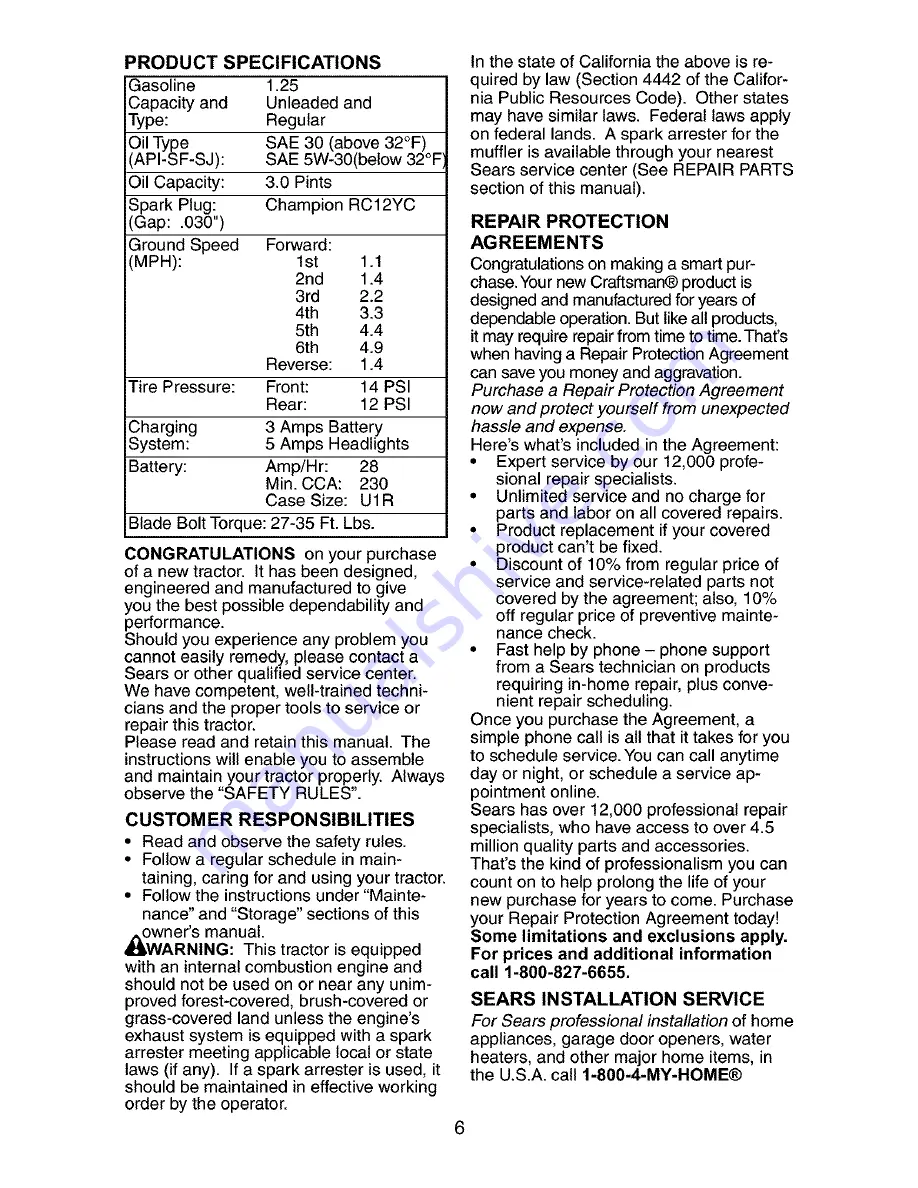 Craftsman LAWN TRACTOR 917.27267 Скачать руководство пользователя страница 6