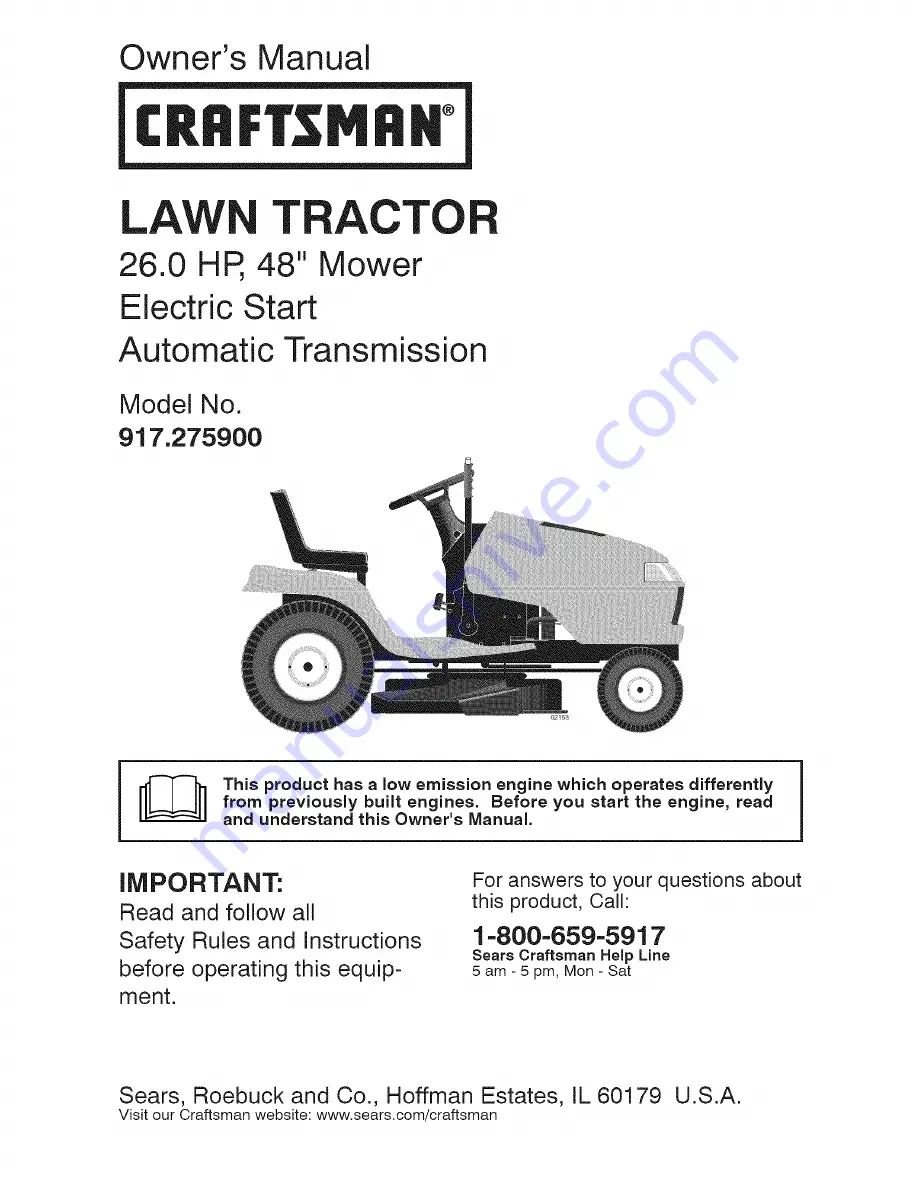 Craftsman LAWN TRACTOR 917.2759 Скачать руководство пользователя страница 1