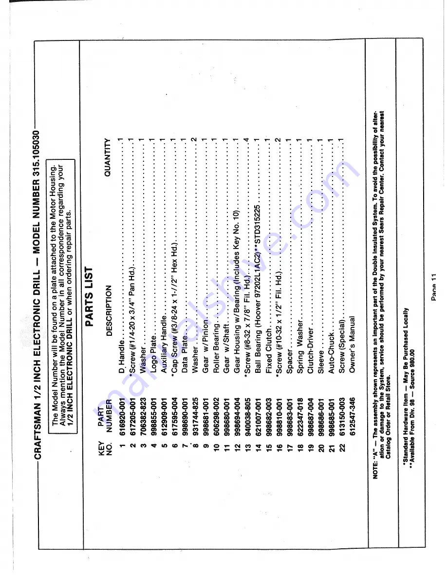 Craftsman Sears 315.105030 Owner'S Manual Download Page 11