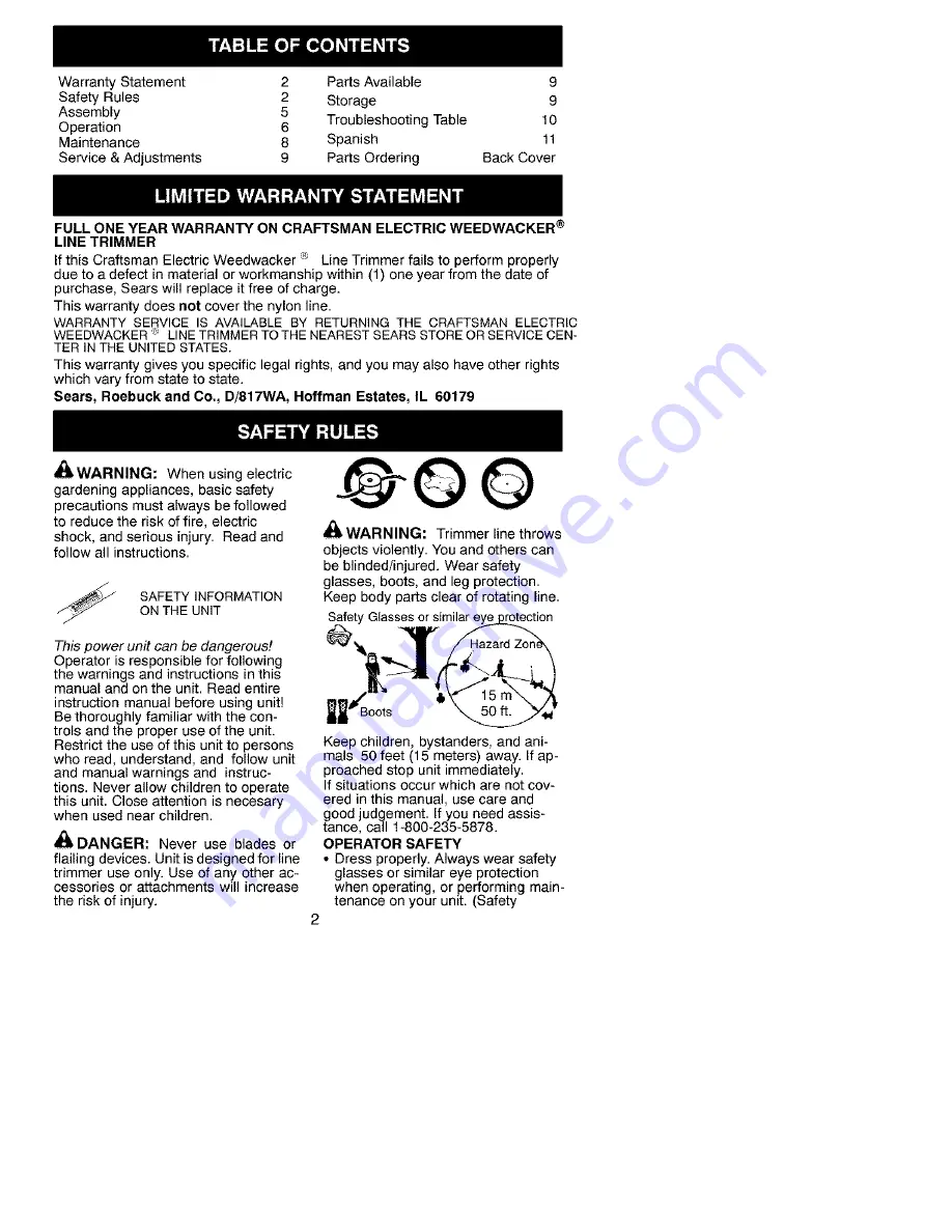 Craftsman WEEDWACKER 358.745230 Instruction Manual Download Page 2