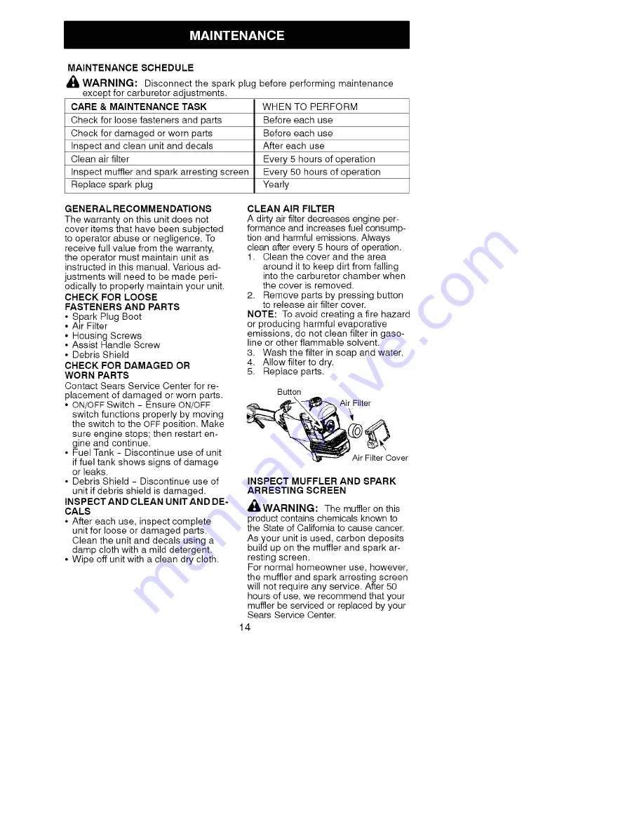 Craftsman WEEDWACKER 358.791071 Operator'S Manual Download Page 14