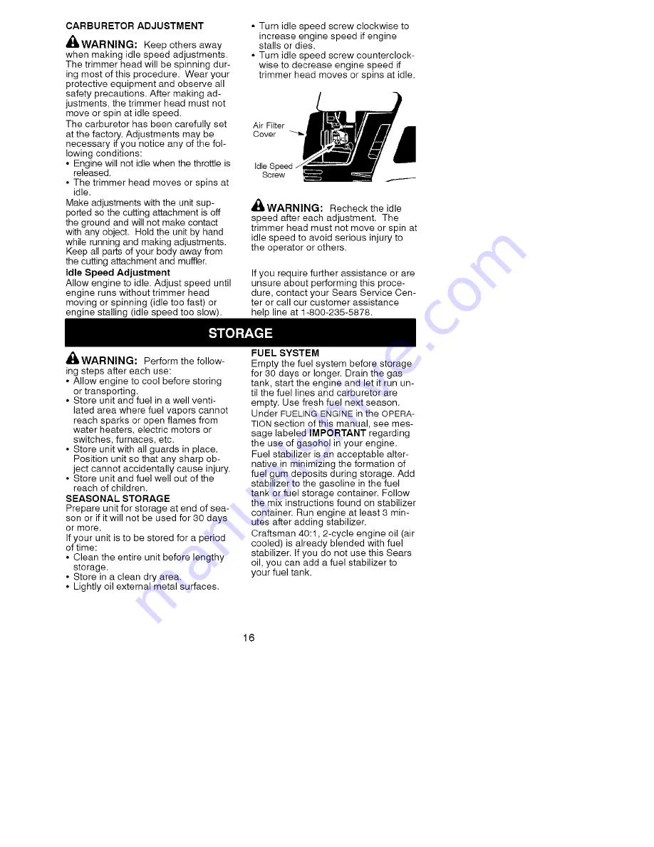 Craftsman WEEDWACKER 358.791071 Operator'S Manual Download Page 16