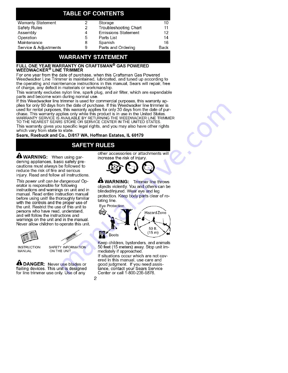 Craftsman WEEDWACKER 358.795123 Instruction Manual Download Page 2