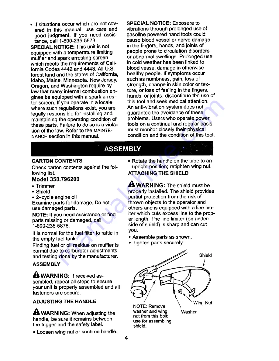 Craftsman WEEDWACKER 358.796200 Operator'S Manual Download Page 4