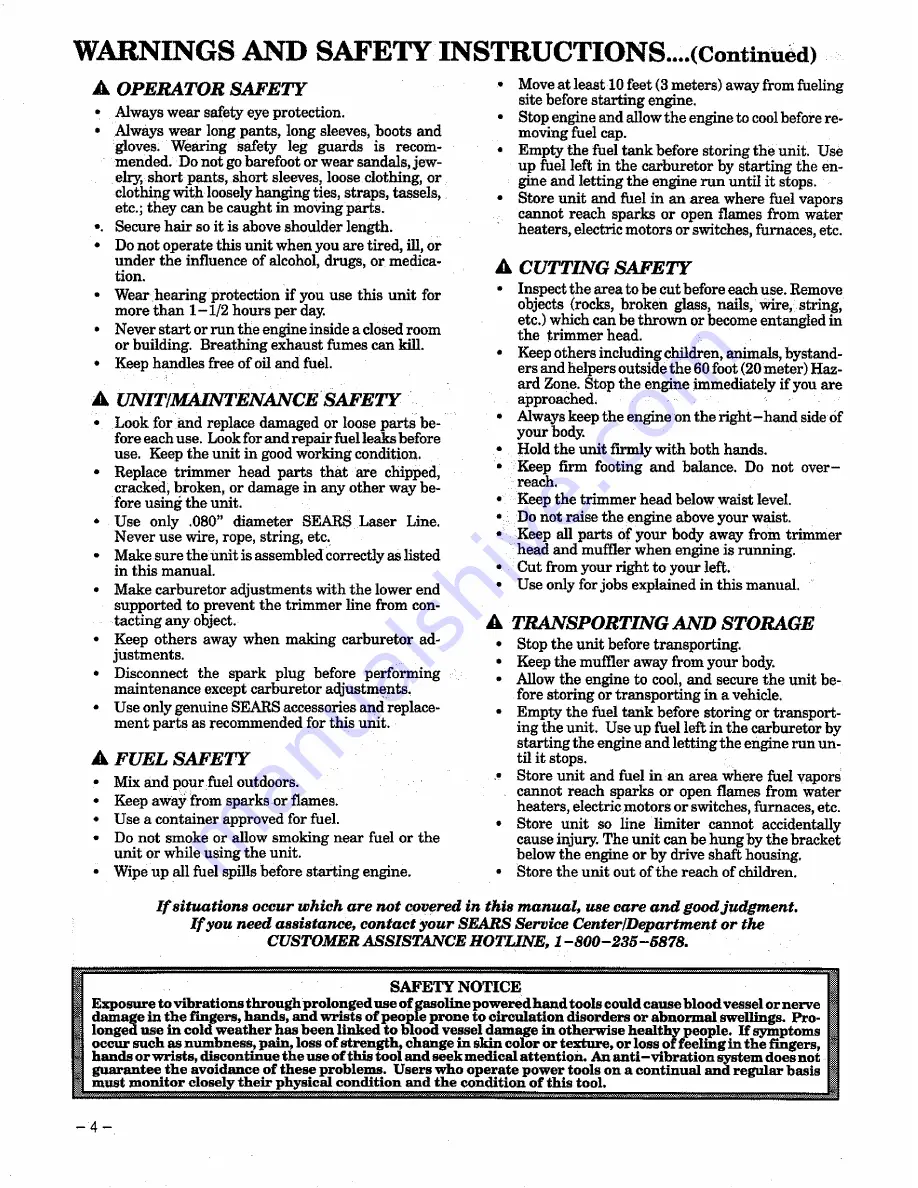 Craftsman WEEDWACKER 358.799250 Operator'S Manual Download Page 4