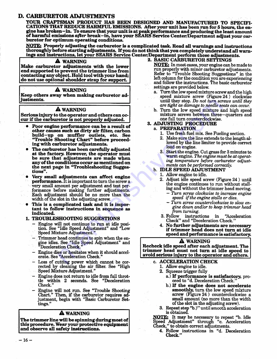 Craftsman WEEDWACKER 358.799250 Operator'S Manual Download Page 16