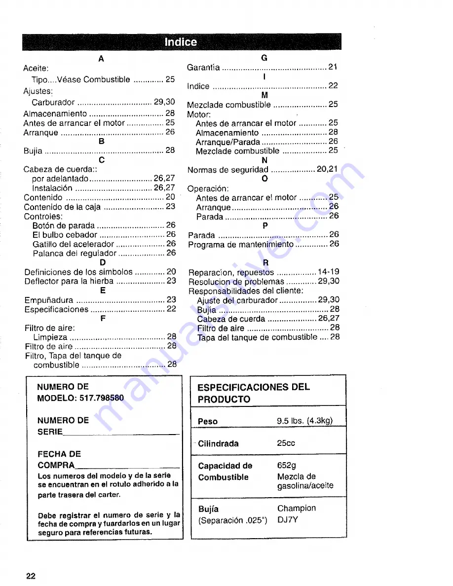 Craftsman WEEDWACKER 517.798580 Operator'S Manual Download Page 22