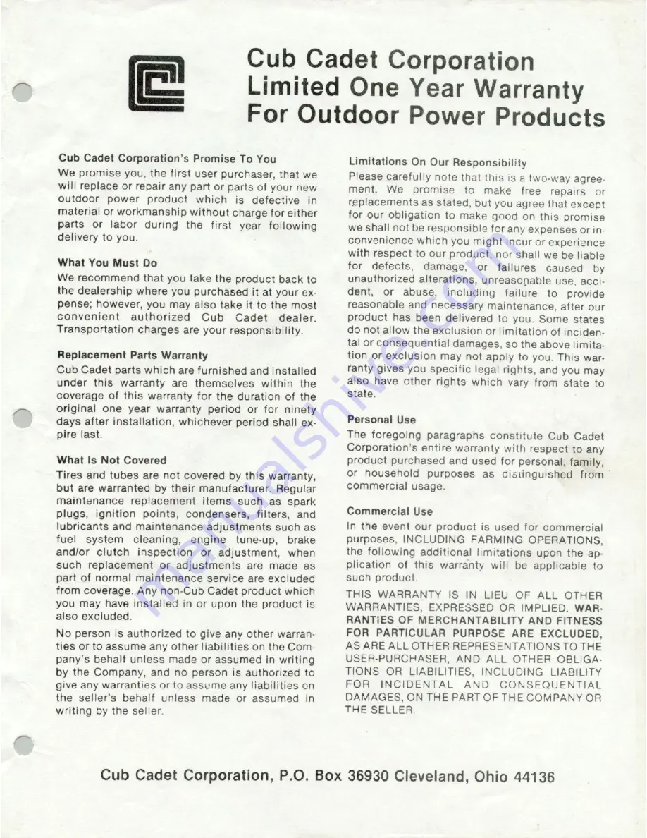 Cub Cadet 190-401-100 Set-Up And Parts Manual Download Page 3