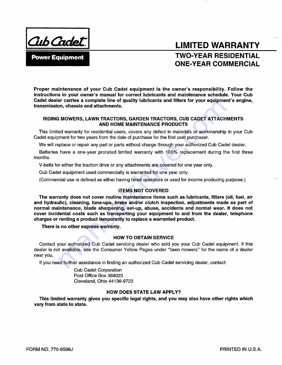 Cub Cadet 524T Owner'S Manual Download Page 18