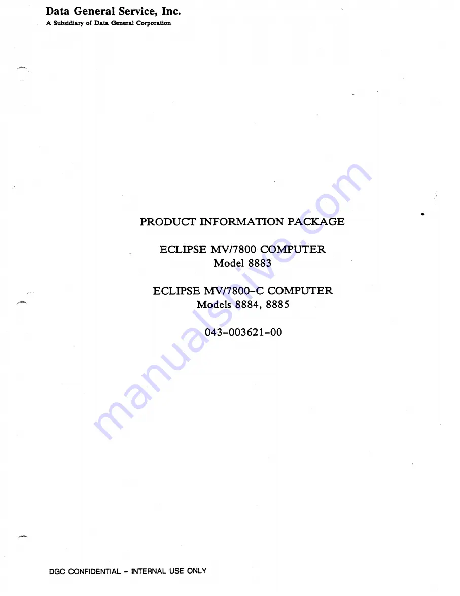 Data General Service 8883 Product Information Package Download Page 1