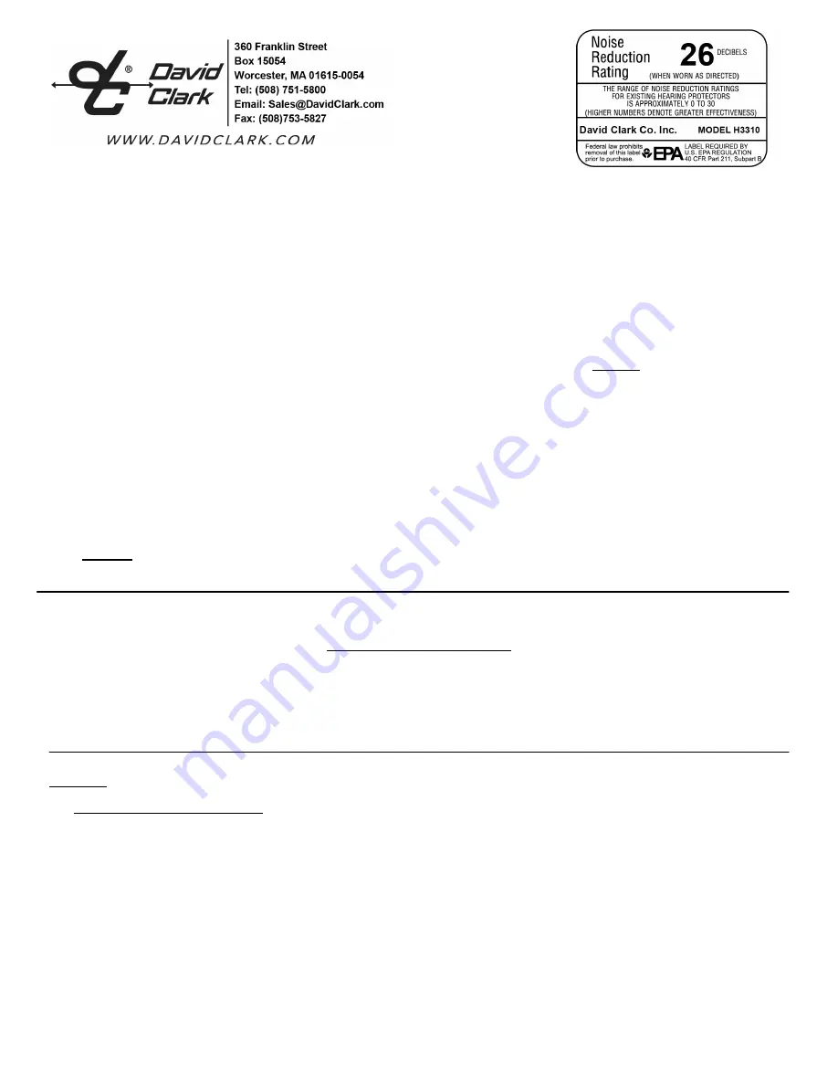 David Clark H3310 Quick Start Manual Download Page 1