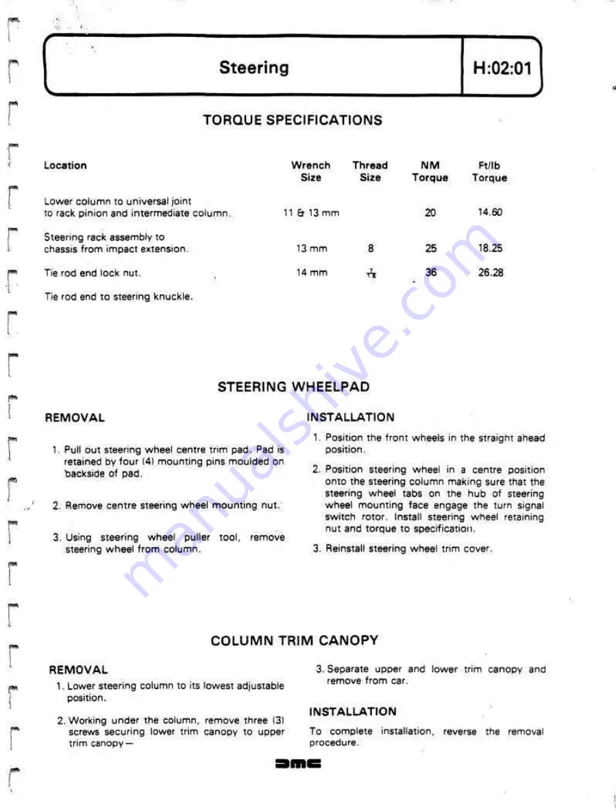 Delorean DMC Workshop Manual Download Page 219