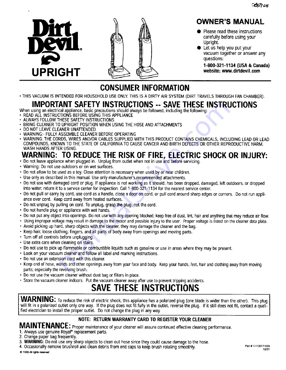 Dirt Devil 85700 Owner'S Manual Download Page 1