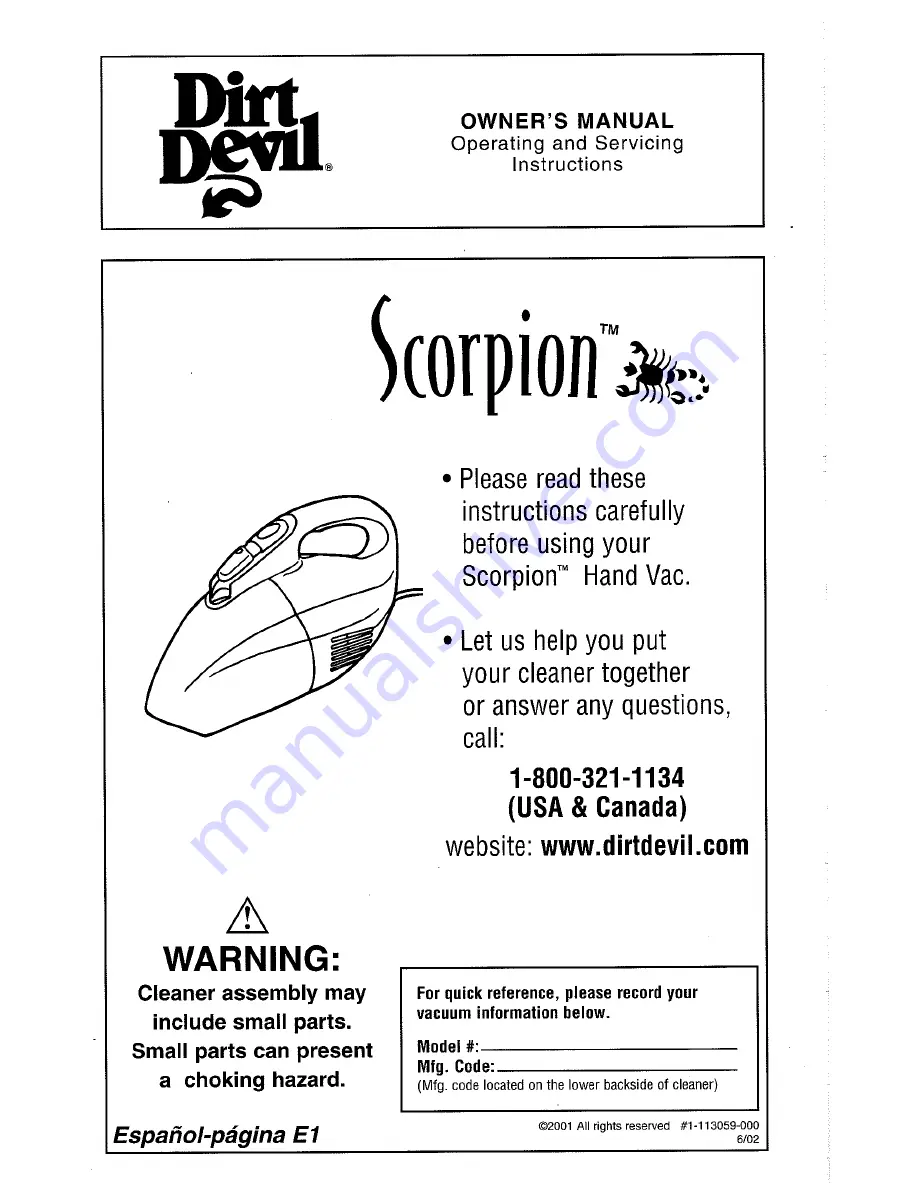 Dirt Devil Hand Vac Owner'S Manual Download Page 1