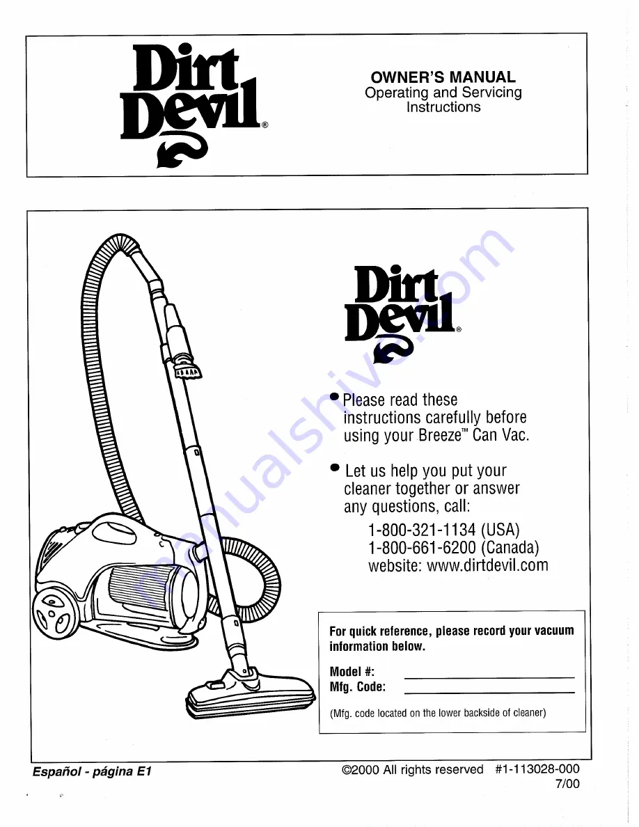 Dirt Devil M082700 Owner'S Manual Download Page 1