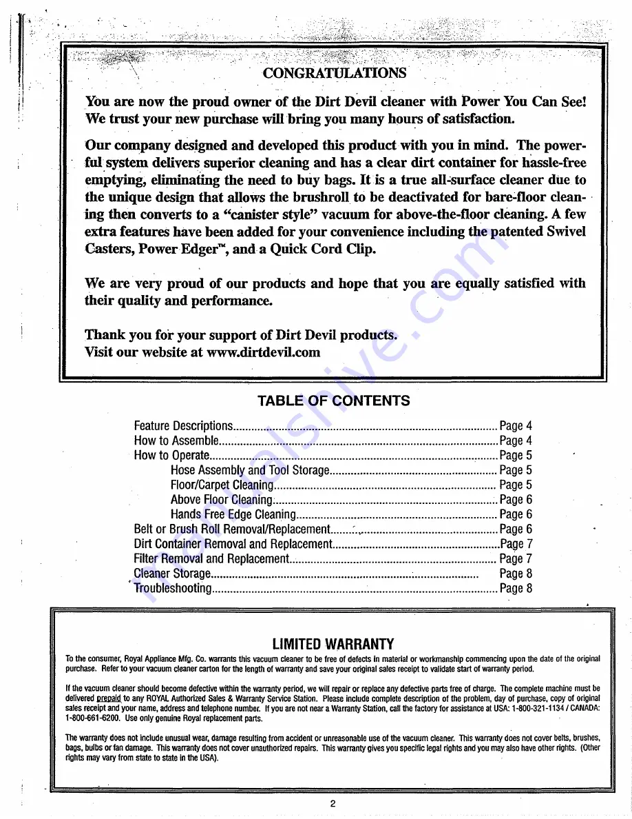 Dirt Devil M084700DLR Owner'S Manual Download Page 2