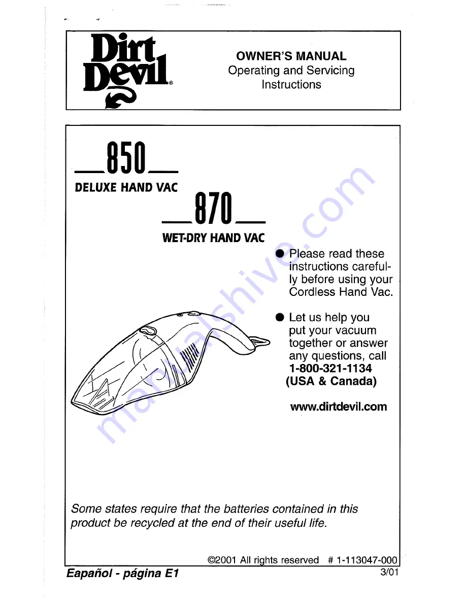 Dirt Devil M0850 Owner'S Manual Download Page 1