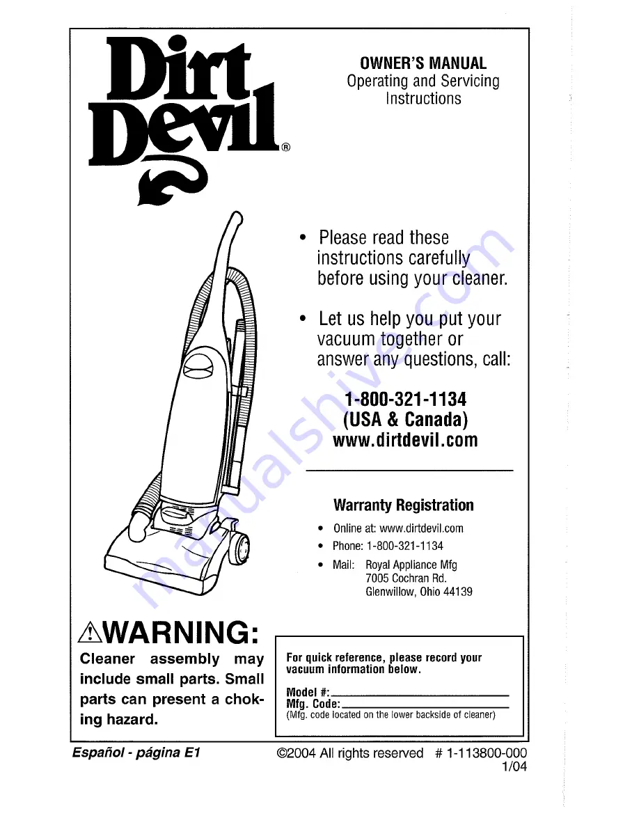 Dirt Devil M085610 Owner'S Manual Download Page 1