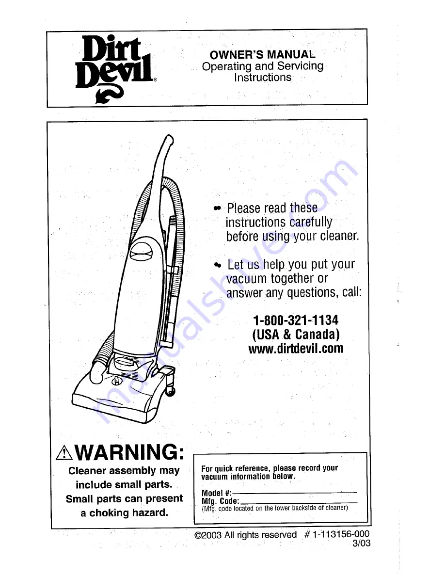 Dirt Devil M085700CAB Owner'S Manual Download Page 1