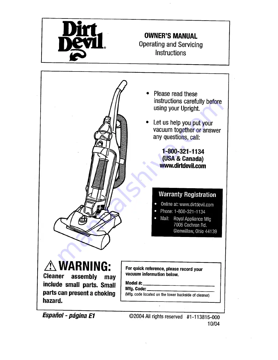 Dirt Devil M088900 Owner'S Manual Download Page 1