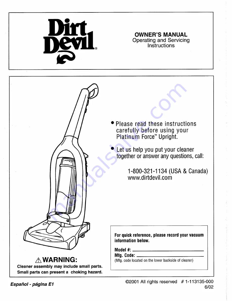 Dirt Devil M091200 Owner'S Manual Download Page 1