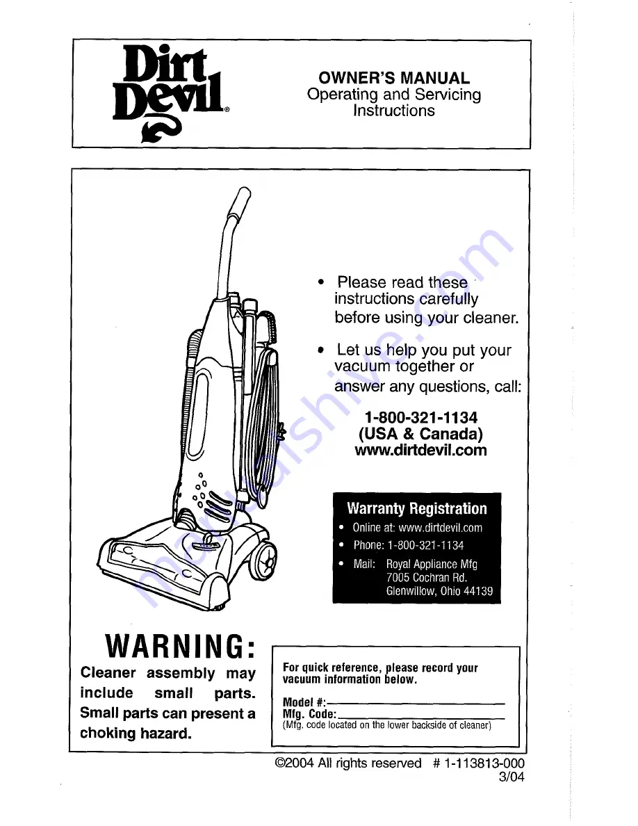 Dirt Devil M091600 Owner'S Manual Download Page 1