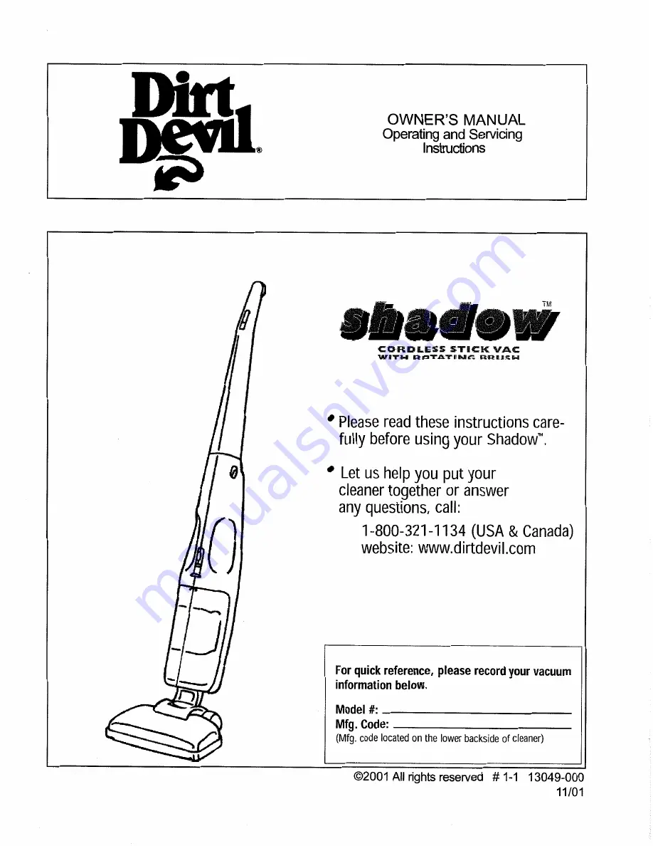 Dirt Devil shadow Owner'S Manual Download Page 1