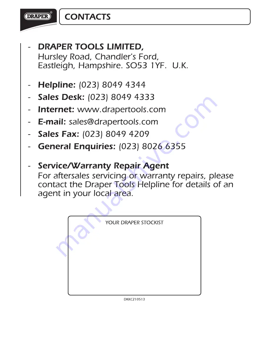 Draper 24392 Instructions Manual Download Page 16