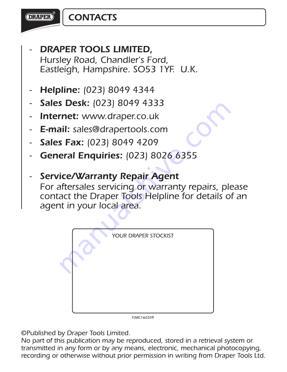 Draper 4416PRO Instructions Manual Download Page 12