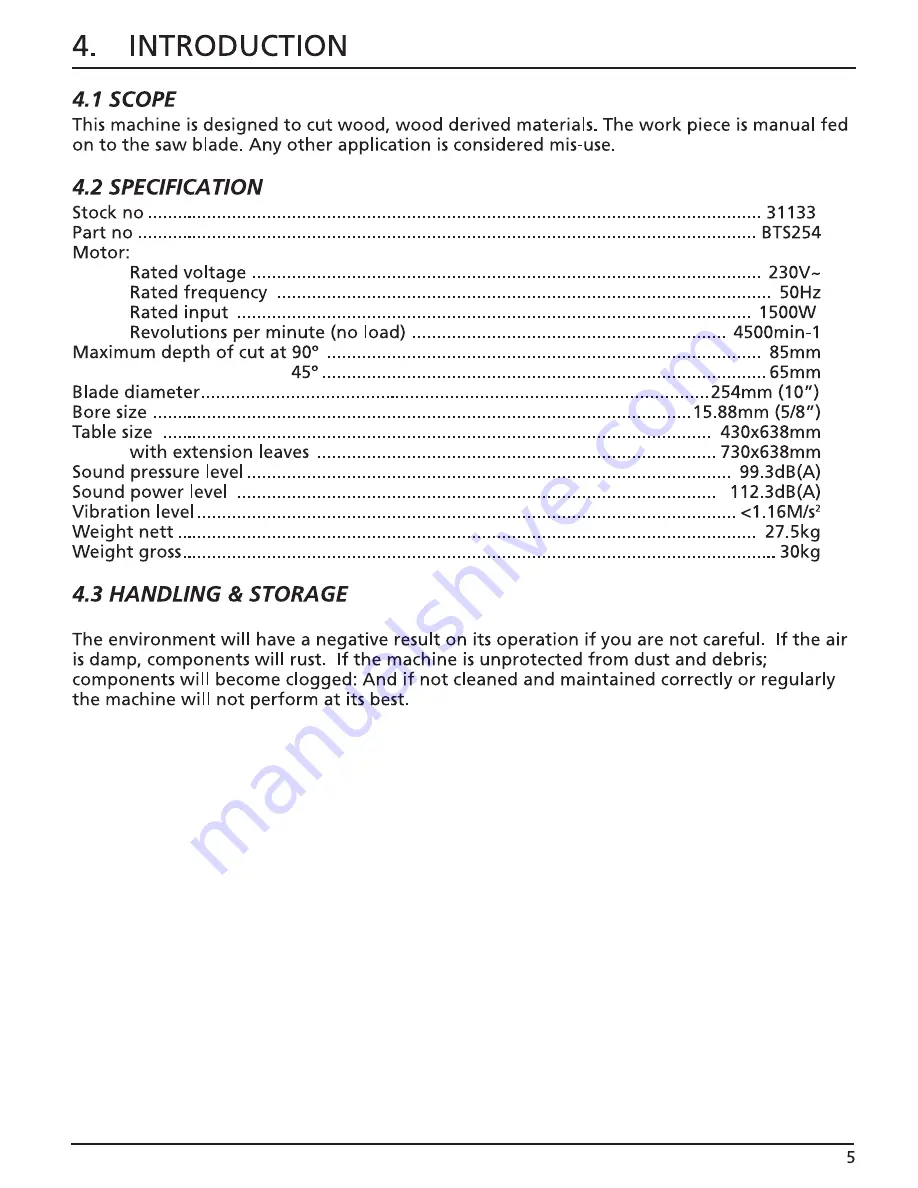 Draper BTS254 Instructions Manual Download Page 5