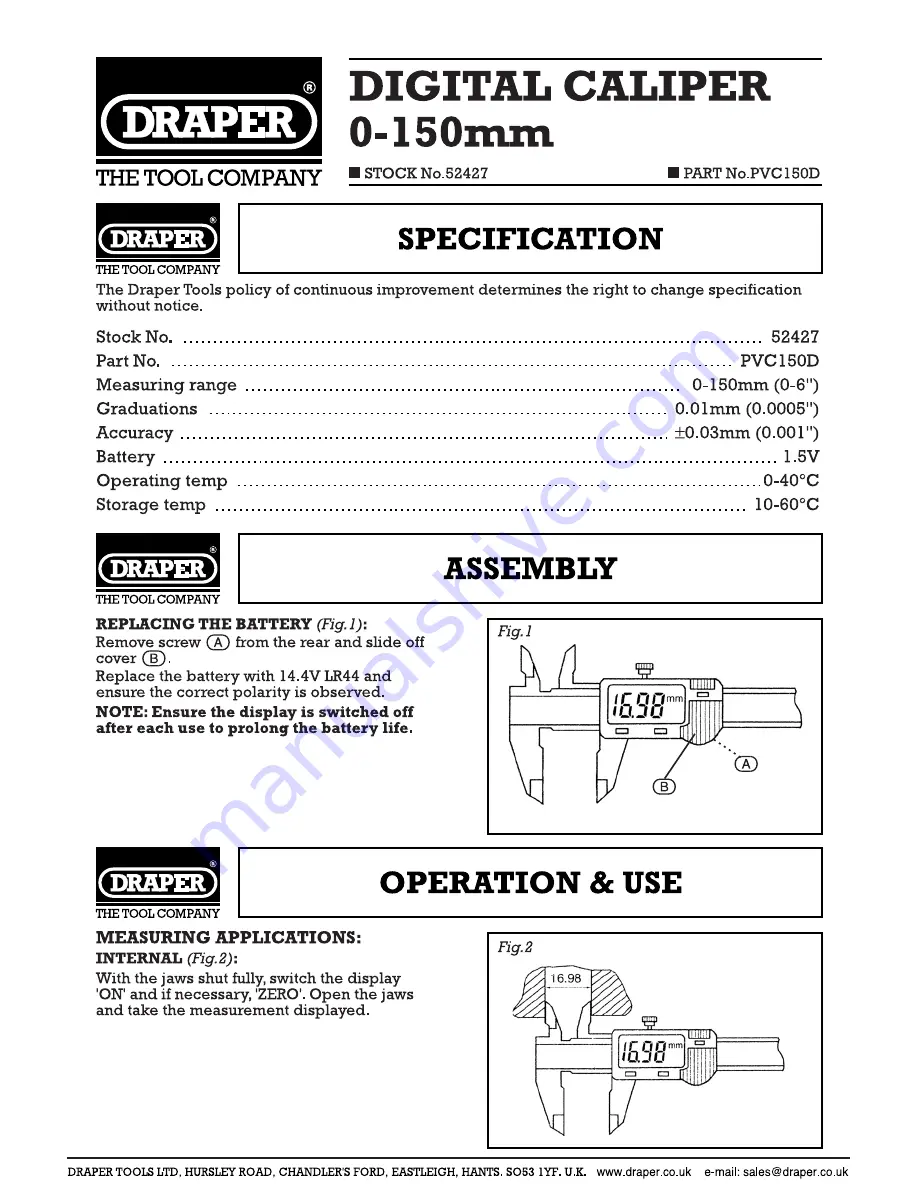 Draper PVC150D Specifications Download Page 1