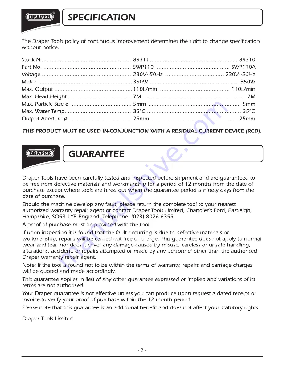 Draper SWP110 Скачать руководство пользователя страница 3