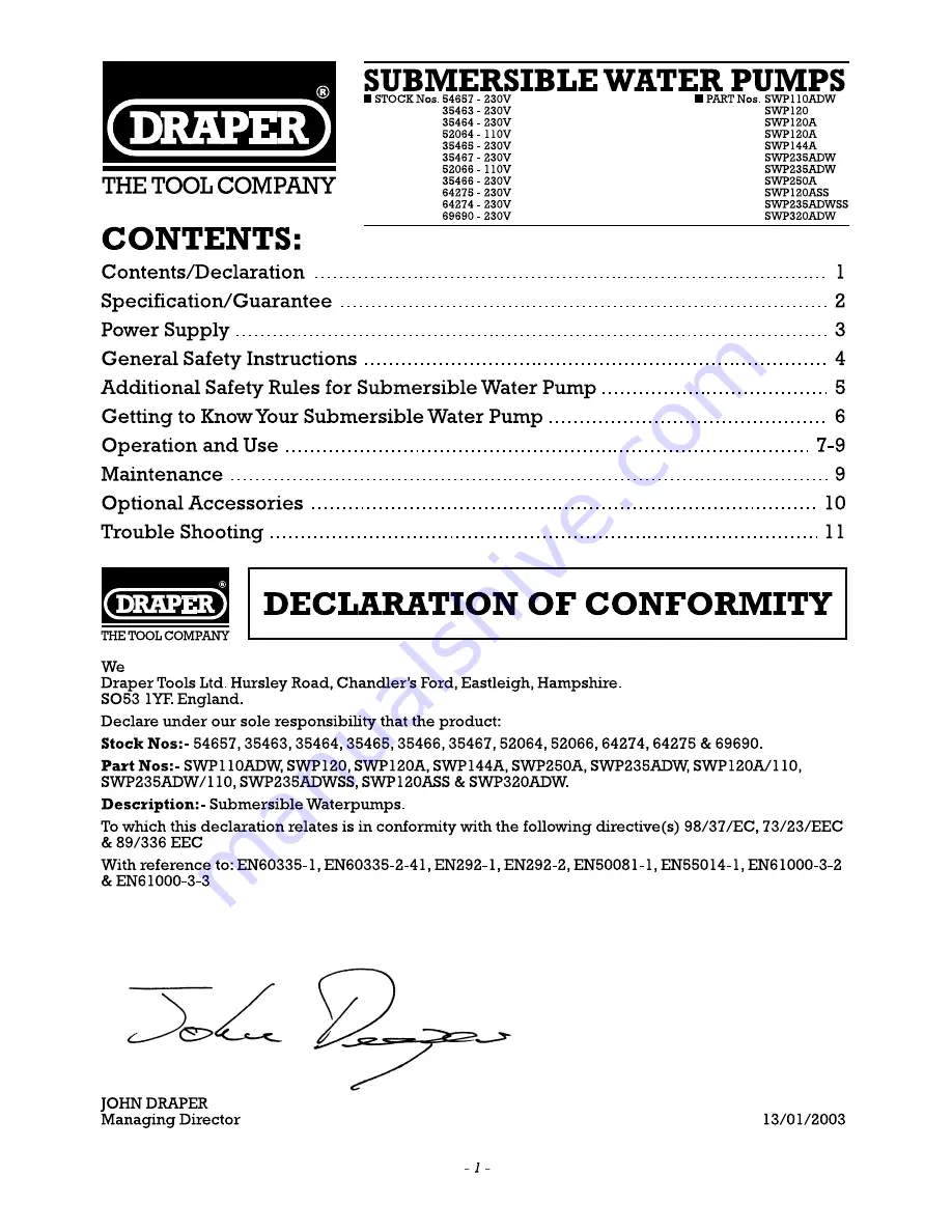 Draper SWP110ADW Instructions Manual Download Page 2