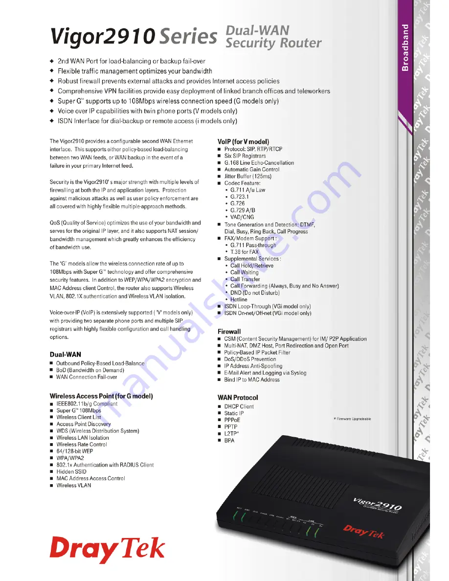 Draytek Vigor 2910 Specifications Download Page 1