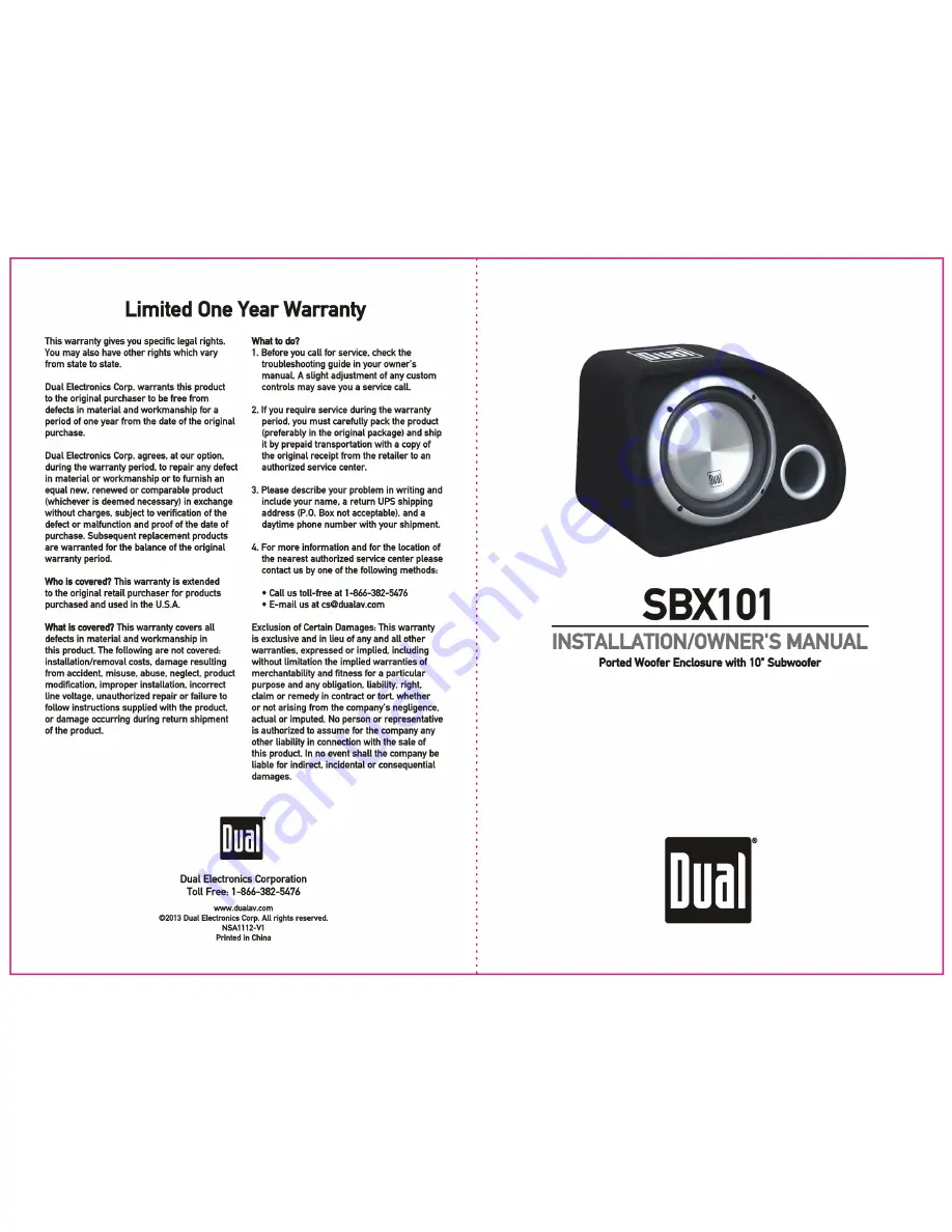 Dual SBX101 Installation & Owner'S Manual Download Page 1