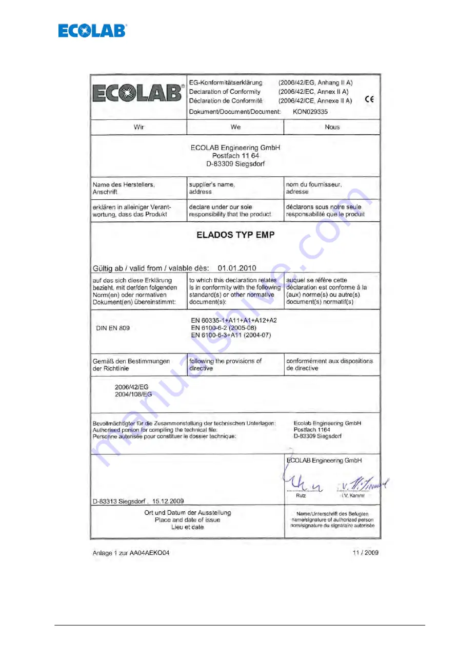 Ecolab Elados EMP KKS E60 Operating Instructions Manual Download Page 269