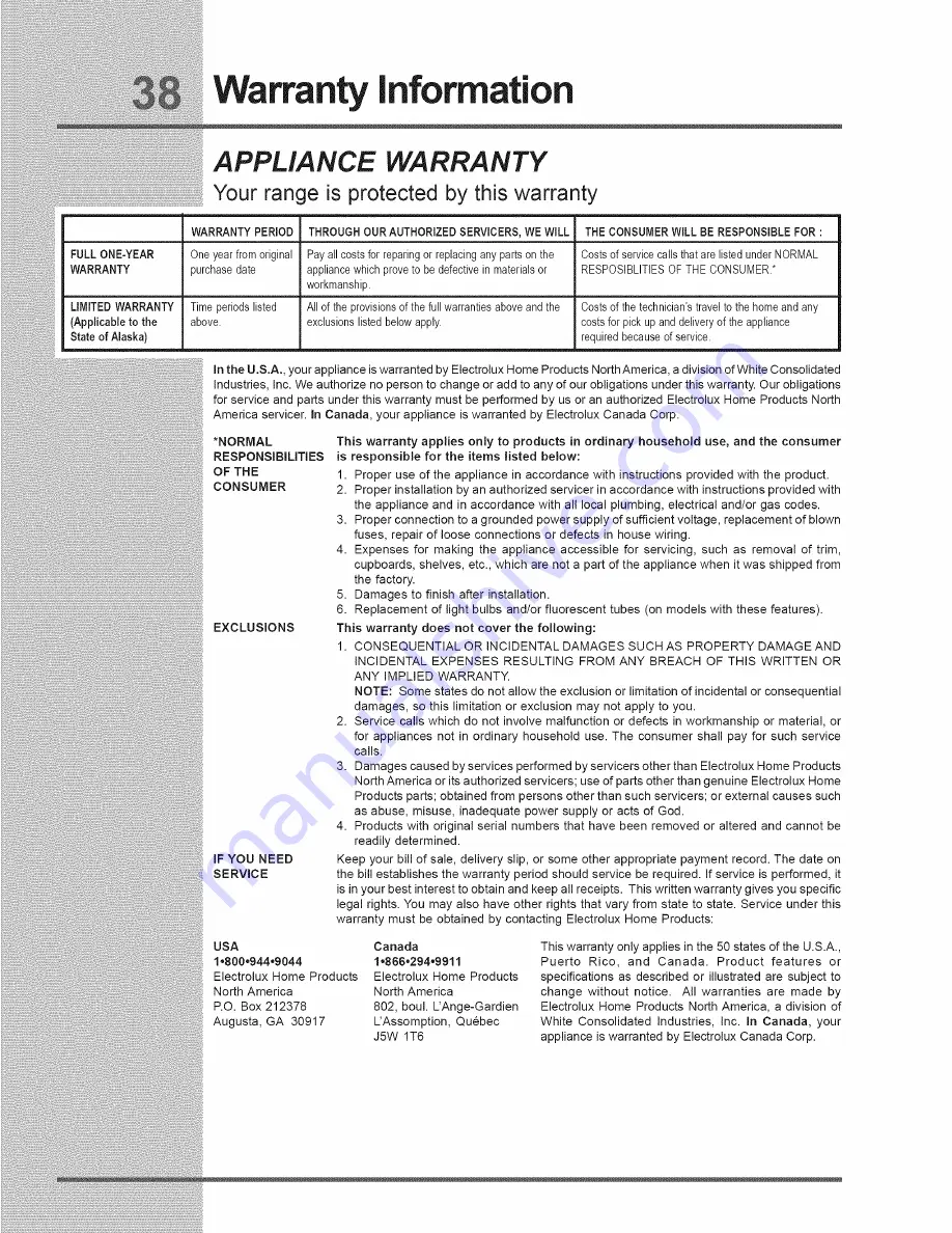 Electrolux E36GF76HP2 Use & Care Manual Download Page 38