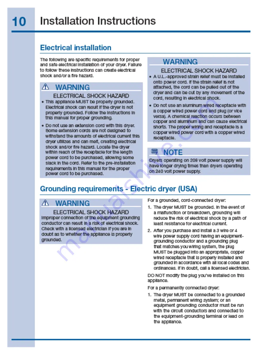 Electrolux EIED55H IW Installation Instructions Manual Download Page 10