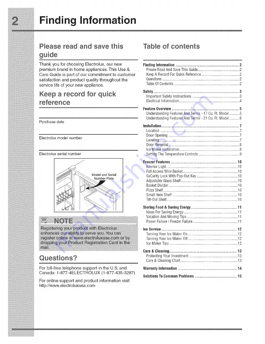 Electrolux EILFU17GS1 Use & Care Manual Download Page 2