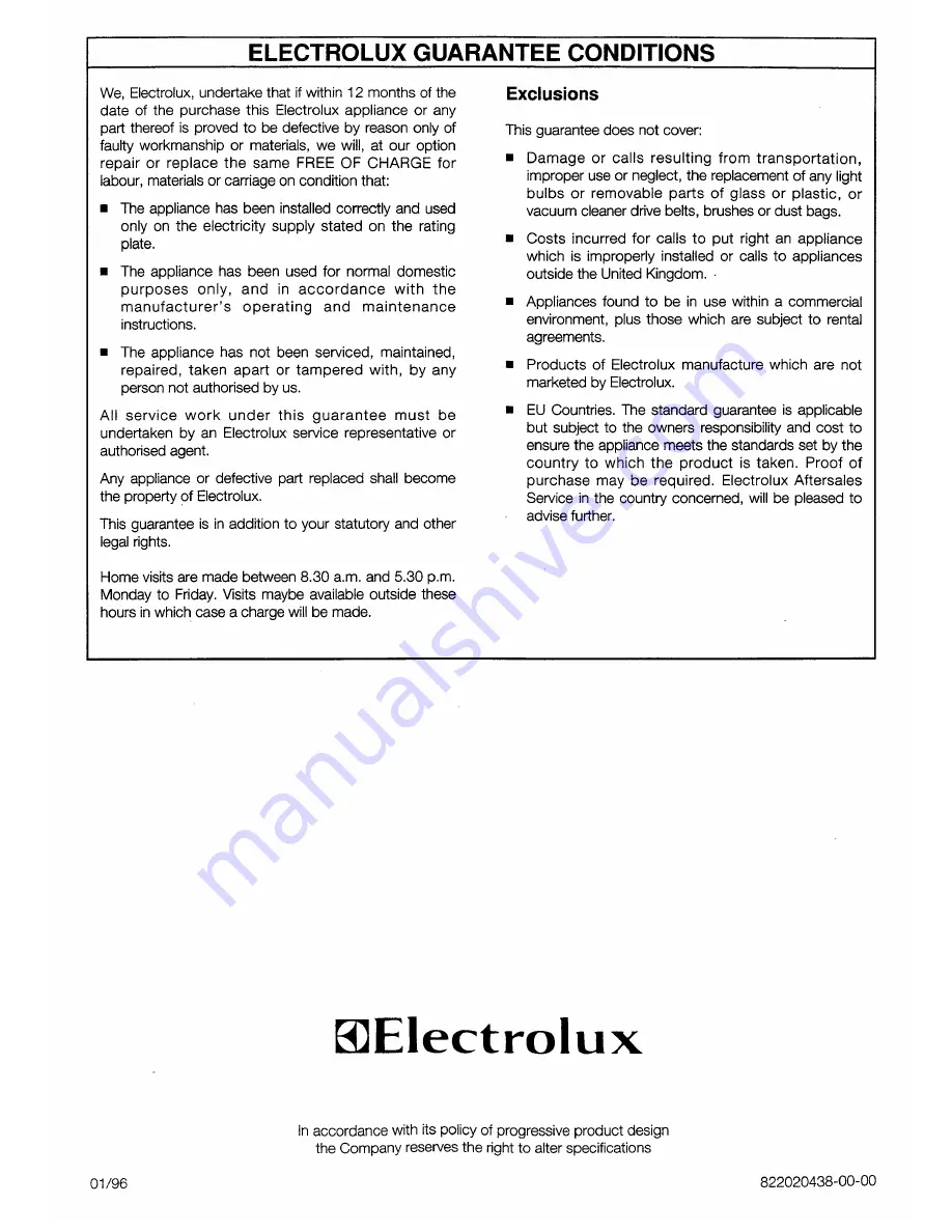 Electrolux EU 1150T Installation And Instruction Manual Download Page 20