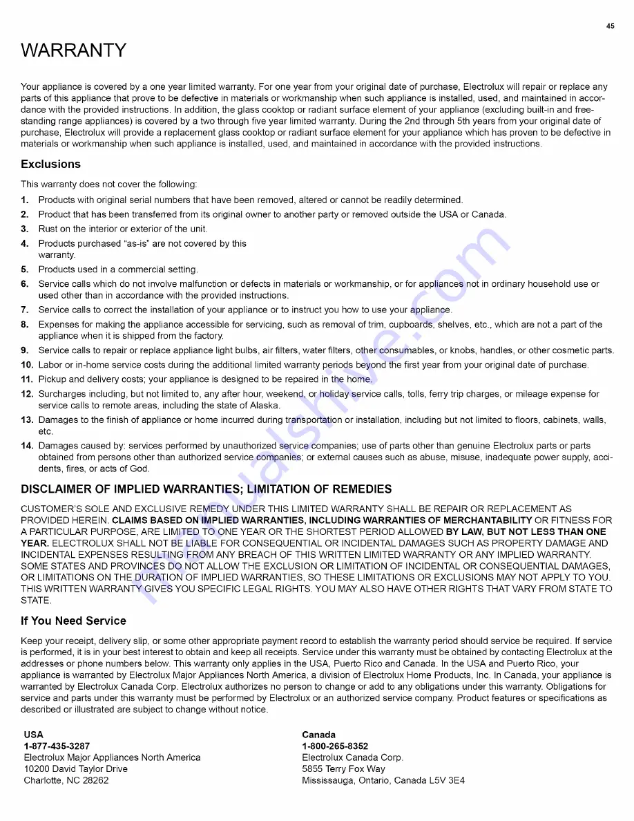 Electrolux EW27EW65PSB Use And Care Manual Download Page 45