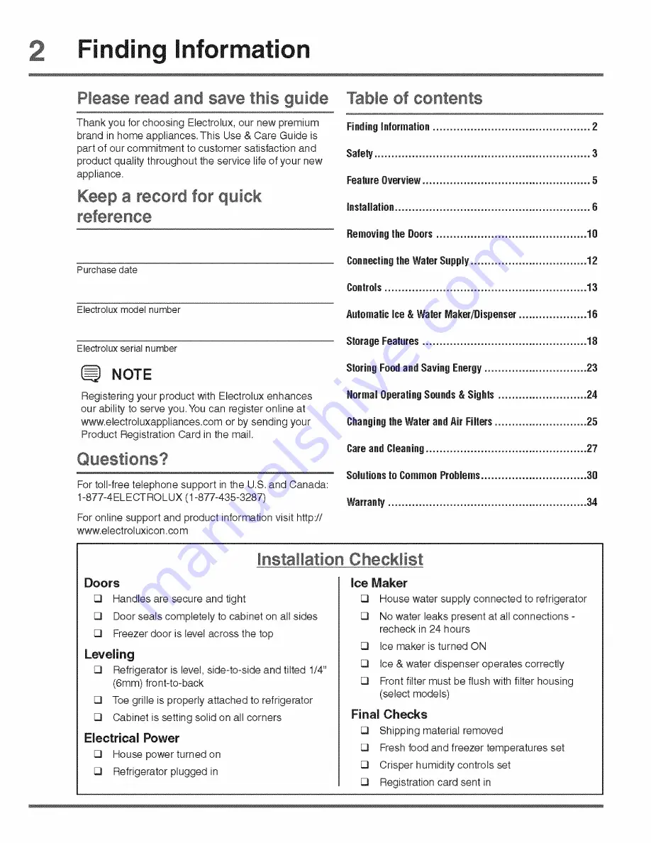 Electrolux ICON E23BC78IPS9 Use & Care Manual Download Page 2