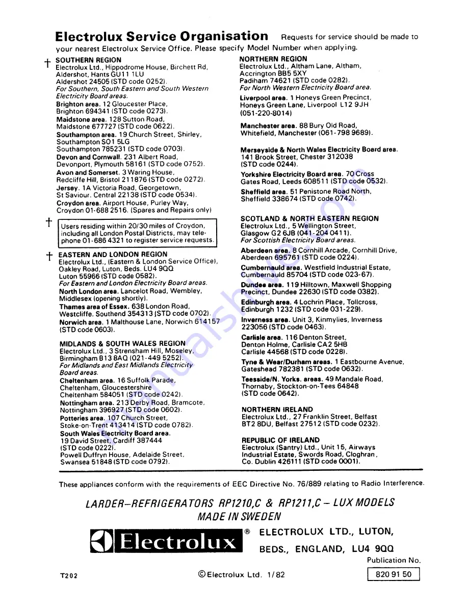 Electrolux RP1211 C Installation And Use Manual Download Page 8