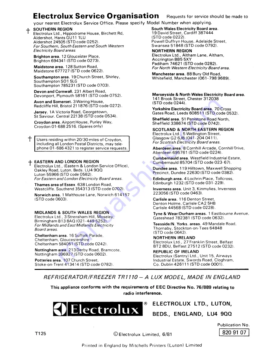 Electrolux TR1110 Installation And Use Manual Download Page 12